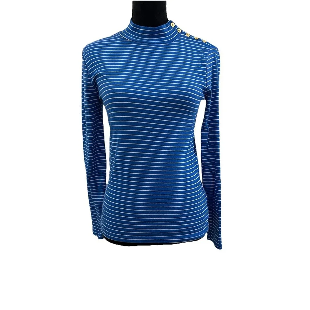 J. Crew Womens S Top Mockneck Blue White Striped Long Sleeve 100% Cotton